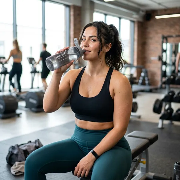 Bella ragazza atletica formosa che beve acqua dopo un intenso allenamento in palestra
