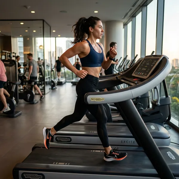 Modella fitness formosa e attraente in top e leggings sportivi che corre sul tapis roulant